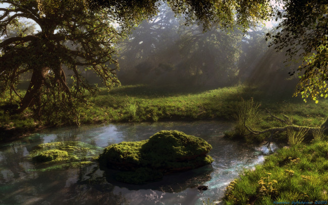 Обои картинки фото 3д графика, природа , nature, лес, поляна, вода