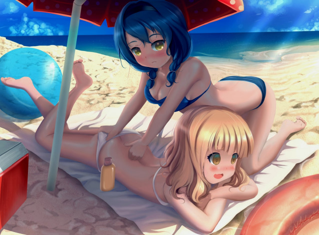 Обои картинки фото аниме, yuru yuri, yuru, yuri, девушки, пляж