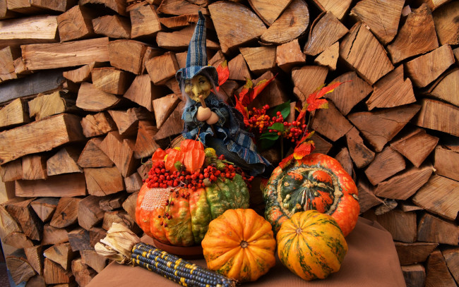 Обои картинки фото праздничные, хэллоуин, тыква, дрова, ведьма, кукуруза, рябина
