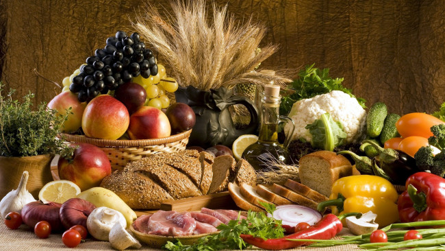 Обои картинки фото еда, разное, овощи, хлеб, ягоды, фрукты, мясо
