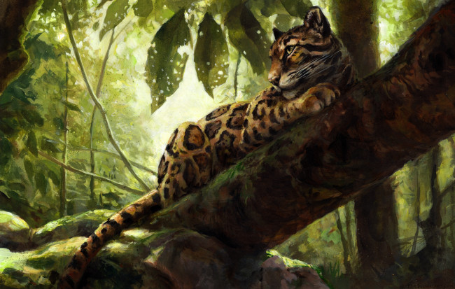 Обои картинки фото рисованное, животные,  ягуары,  леопарды, природа, леопард, дерево