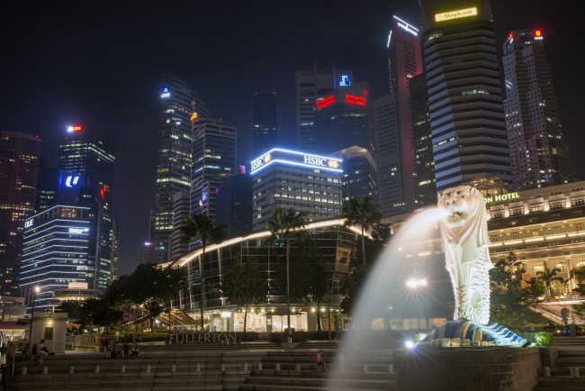 Обои картинки фото singapore merlion, города, сингапур , сингапур, ночь, огни