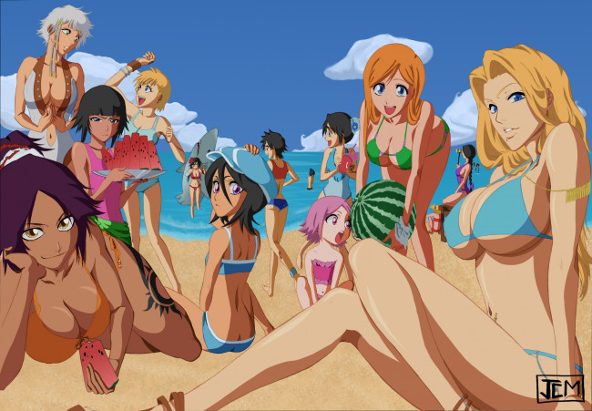 Обои картинки фото аниме, bleach, купальники, песок, арбуз, отдых, море, пляж, девушки