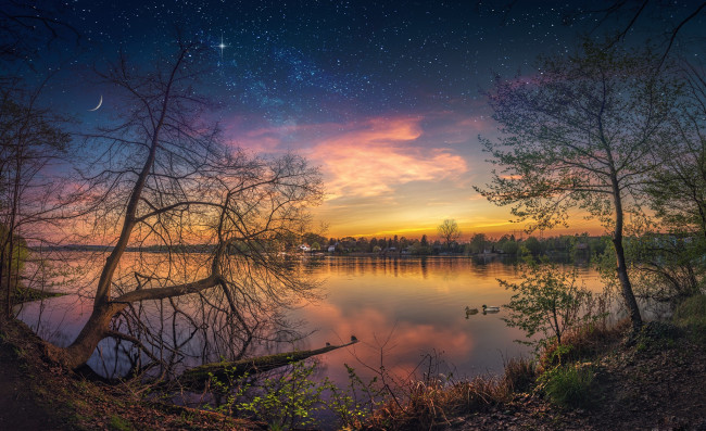 Обои картинки фото природа, реки, озера, деревья, звезды, отражение, небо, река
