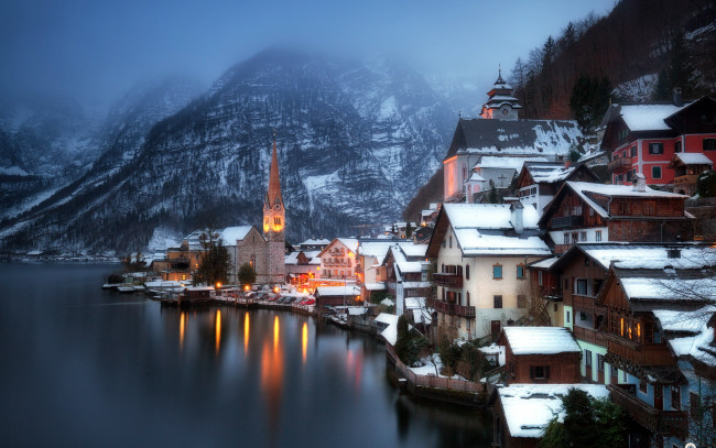 Обои картинки фото города, гальштат , австрия, вечер, зима, озеро, горы