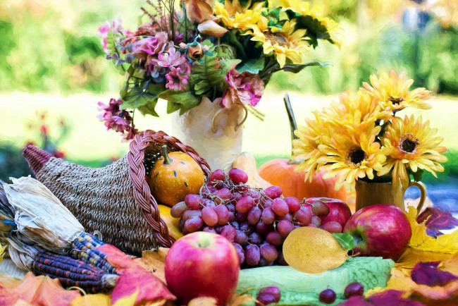 Обои картинки фото еда, натюрморт, кукуруза, виноград, герберы, яблоки