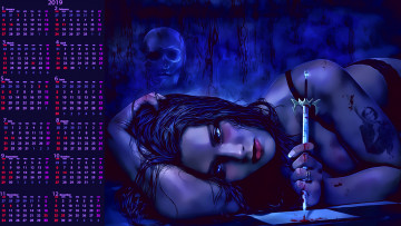Картинка календари фэнтези тату девушка череп кровь оружие