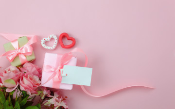Картинка праздничные день+святого+валентина +сердечки +любовь подарки розы сердечки банты