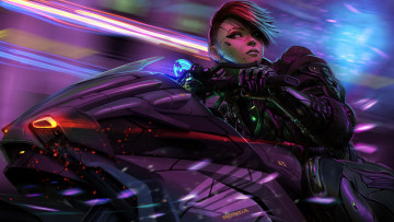 Картинка видео+игры cyberpunk+2077 девушка киборг мотоцикл скорость