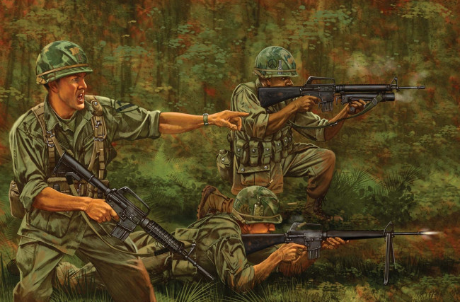 Обои картинки фото рисованные, армия, винтовка, м-16, солдаты, джунгли, вьетнам, стрельба, вс, сша
