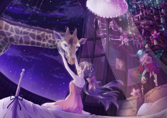 обоя аниме, -animals & creatures, девушка, животное, жираф, ткань, тюль, дерево, цветы, кровать, шатенка, бантики, ночь