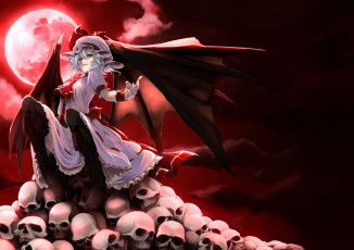 Картинка аниме touhou черепа девушка демон красная луна