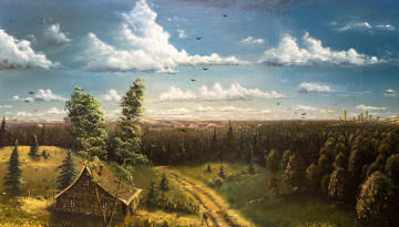 Картинка рисованные живопись дорога облака лес домик