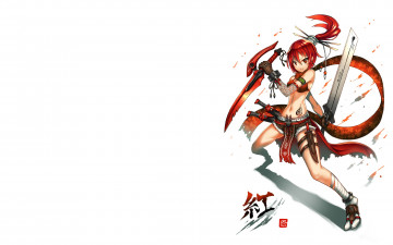 Картинка аниме -weapon +blood+&+technology девушка мечи оружие красные волосы белый фон