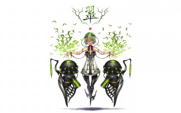 Картинка аниме -weapon +blood+&+technology зелёные волосы белый фон робот