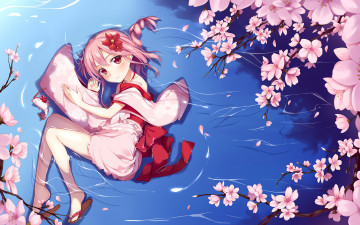 Картинка аниме *unknown+ другое вода лежит арт цветы розовые волосы девушка