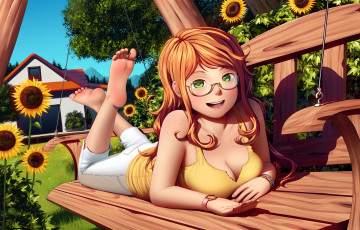 Картинка аниме *unknown+ другое девушка лежит подсолнухи улыбка дом качели цветы