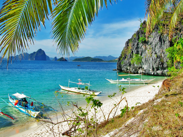 Обои картинки фото palawan, philippines, корабли, лодки,  шлюпки, палаван, филиппины, тропики, море, скалы, пляж, побережье