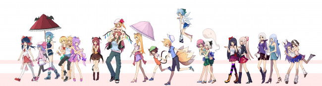 Обои картинки фото аниме, touhou, белый, фон, зонтики, персонажи, разные