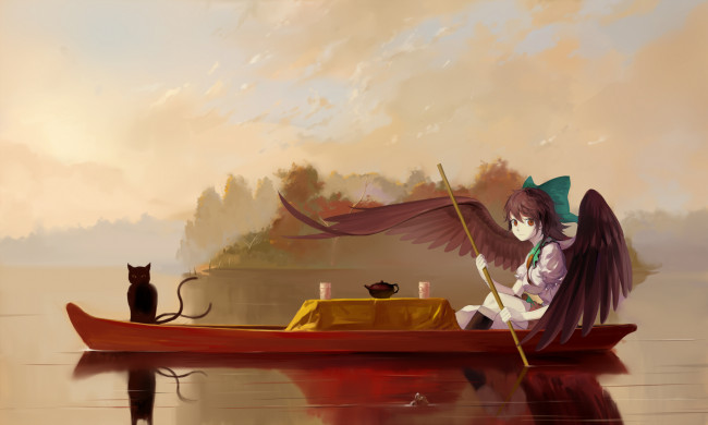 Обои картинки фото аниме, touhou, кот, ангел, река, крылья, лодка, девушка, арт