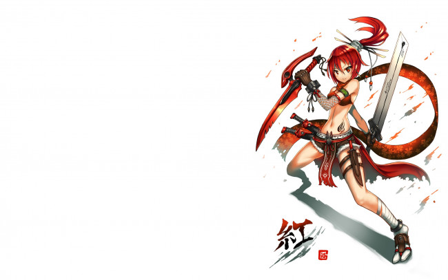 Обои картинки фото аниме, -weapon,  blood & technology, девушка, мечи, оружие, красные, волосы, белый, фон