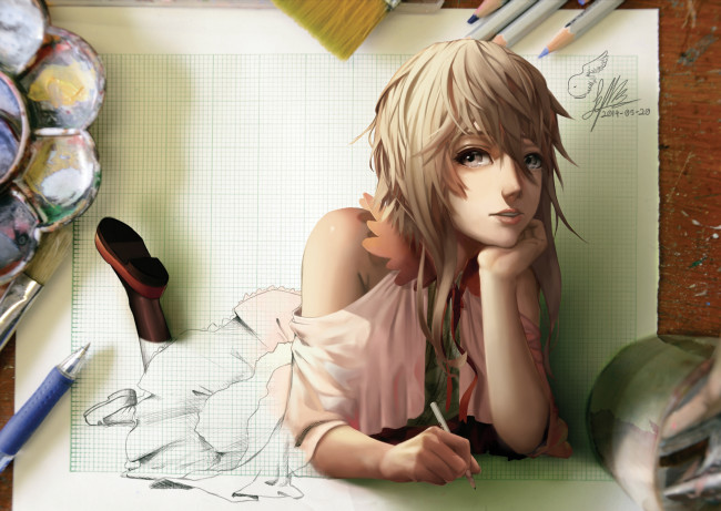 Обои картинки фото аниме, *unknown , другое, карандаши, лист, девушка