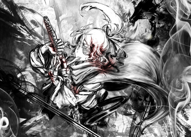 Обои картинки фото аниме, -weapon,  blood & technology, девушка, кровь, арт, меч