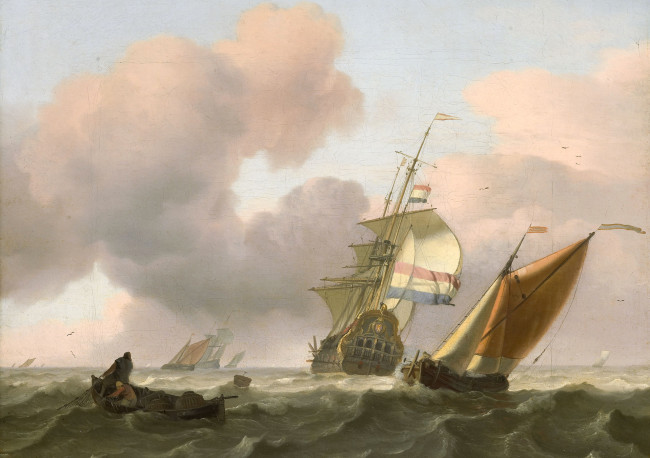 Обои картинки фото рисованное, живопись, людольф, бакхёйзен, бурное, море, с, кораблями, картина, морской, пейзаж