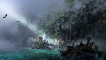 Картинка фэнтези пейзажи фентези город море арт ling xiang берег скалы