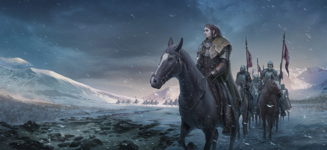 Обои картинки фото фэнтези, люди, фон, девушка, конь, отряд, гора