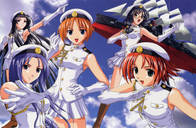 Обои картинки фото аниме, raimuiro senkitan, небо, корабль, девушки, форма