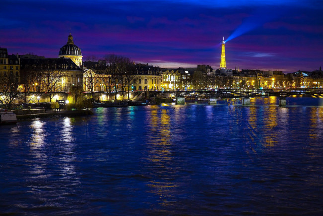 Обои картинки фото города, париж , франция, река, вечер, огни