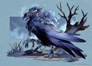 Картинка аниме животные +существа ворон украшения коряга