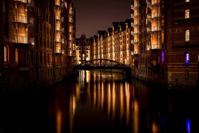 Обои картинки фото города, гамбург , германия, река, мост, вечер, огни