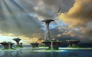 Картинка 3д графика fantasy фантазия птицы водопады природа облака орёл