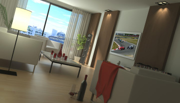 Картинка 3д графика realism реализм комната вино картина окно штора светильник