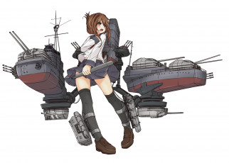Картинка аниме -weapon +blood+&+technology юбка шатенка девушка гольфы арт оружие белый фон корабли