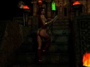 Картинка 3д+графика фантазия+ fantasy девушка взгляд фон оружие лестница факелы