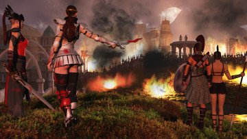 Картинка 3д+графика амазонки+ amazon огонь фон девушки оружие замок крепость взгляд