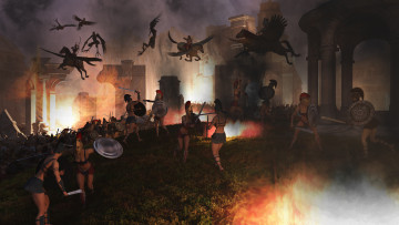 Картинка 3д+графика фантазия+ fantasy руины пегасы пожар оружие фон взгляд девушки