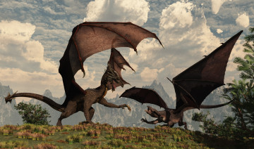 Картинка 3д+графика существа+ creatures драконы горы облака