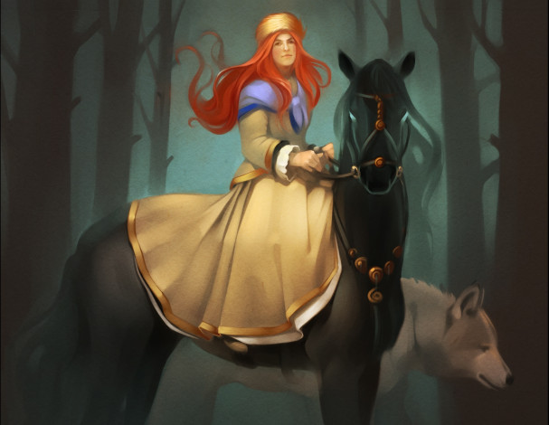 Обои картинки фото gaudibuendia, рисованное, люди, лошадь, девушка
