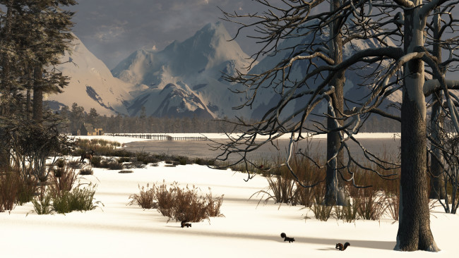 Обои картинки фото 3д графика, природа , nature, домик, белки, деревья, озеро, снег, горы, облака