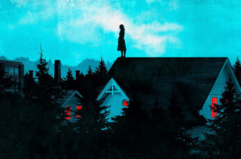Картинка рисованное кино +мультфильмы женщина крыша дома деревья фабрика