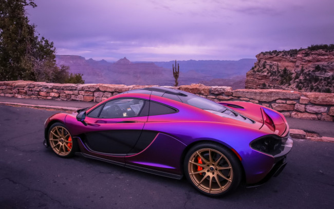 Обои картинки фото автомобили, mclaren, фиолетовый, дорога, горы