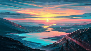 Картинка рисованное природа закат река горы