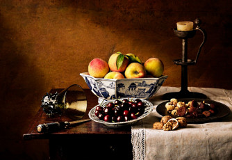Картинка еда натюрморт черешни орехи бокал свеча персики