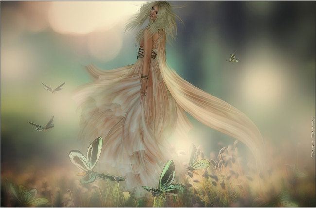 Обои картинки фото 3д, графика, fantasy, фантазия, девушка, платье, бабочки