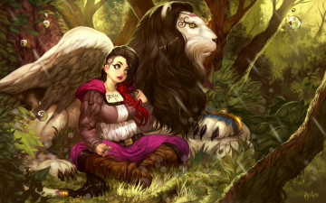 Картинка фэнтези девушки лес лев фон взгляд девушка