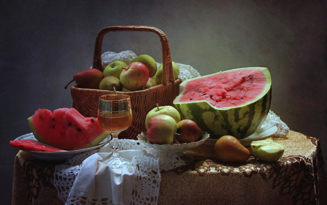 Обои картинки фото еда, фрукты,  ягоды, яблоки, бокал, корзина, груши, арбуз, натюрморт